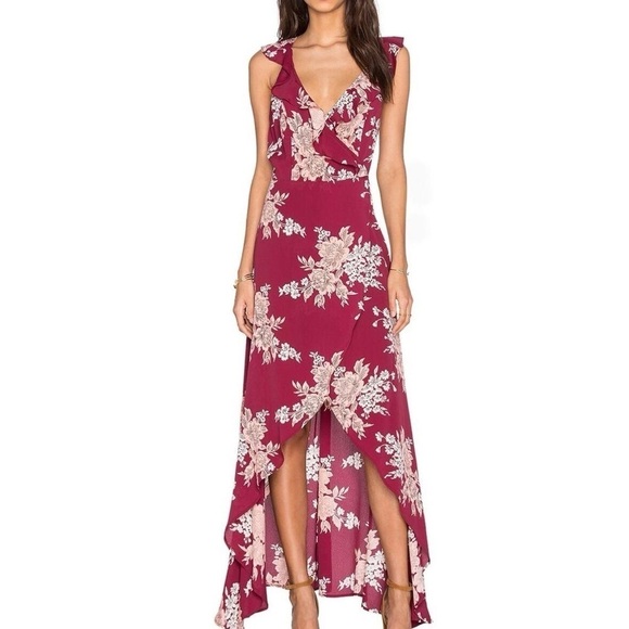 🥒 Privacy Please Fillmore Wrap Summer Floral Red High Low Midi Dress Calico M - Picture 1 of 7